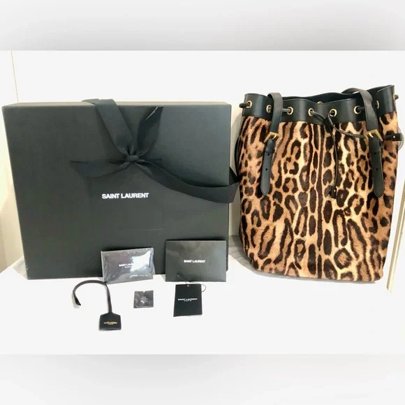 YSL Bag Yves Saint Laurent Rivage Tote Bucket Animal Leopard Fur Black Leather - Picture 2 of 9